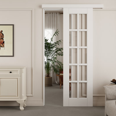 80"H Hidden Style Track 10-Lite Clear Glass Sliding Barn Door With Hardware Kit(No Assembly Required)