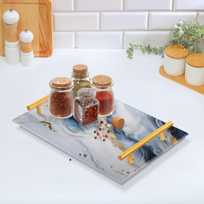 Vanity Tray For Bathroom Countertop,Organizer Marble(Blue)