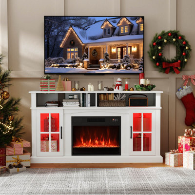 58" Fireplace TV Stand with LED Lights Entertainment Center for 65 Inch TV White