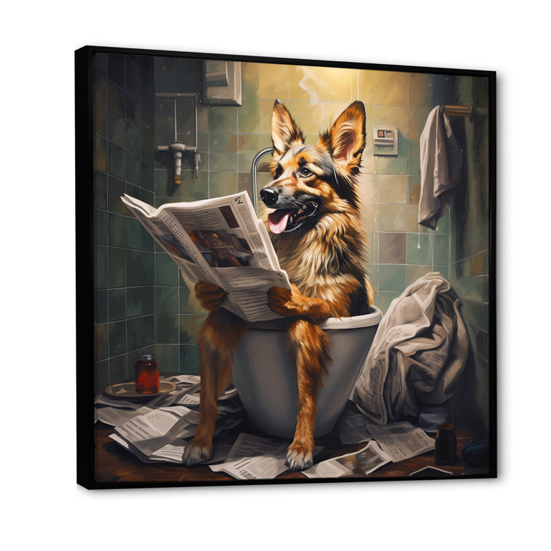 Chien lisant un journal sur une toilette I - animaux, décoration murale encadrée, H 24 po x l 24 po x P 1 po