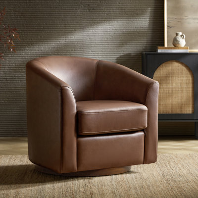 Amiir 30.5'' Wide Genuine Leather Swivel Barrel Chair with Solid Wood Base