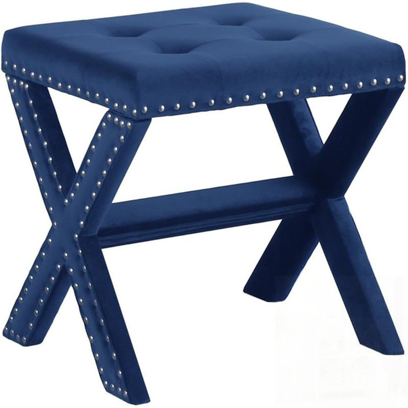 Banc d'appoint rembourré en velours avec garniture cloutée, siège capitonné pour le vestibule et le salon, Velours bleu