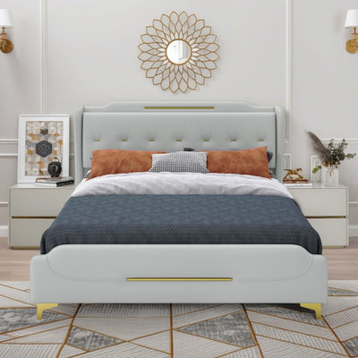 Queen Size Bed Frame With Wingback Headboard & Footboard, PU Upholstered Platform Bed, Solid Wooden Slats Support, Easy Assembly