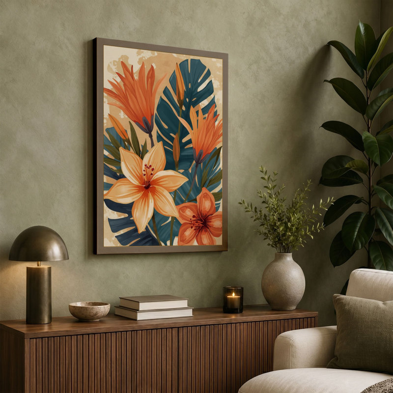 Tropical Garden Botanical - Wrapped Canvas, 36x24 - 91.4 x 61.0 cm, Taupe Border