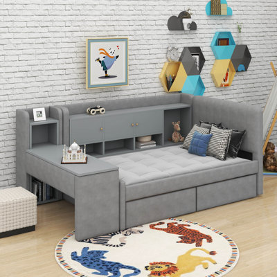 Lit de jour simple tapissier avec tiroirs, tablettes, armoires rabattables et table d'appoint