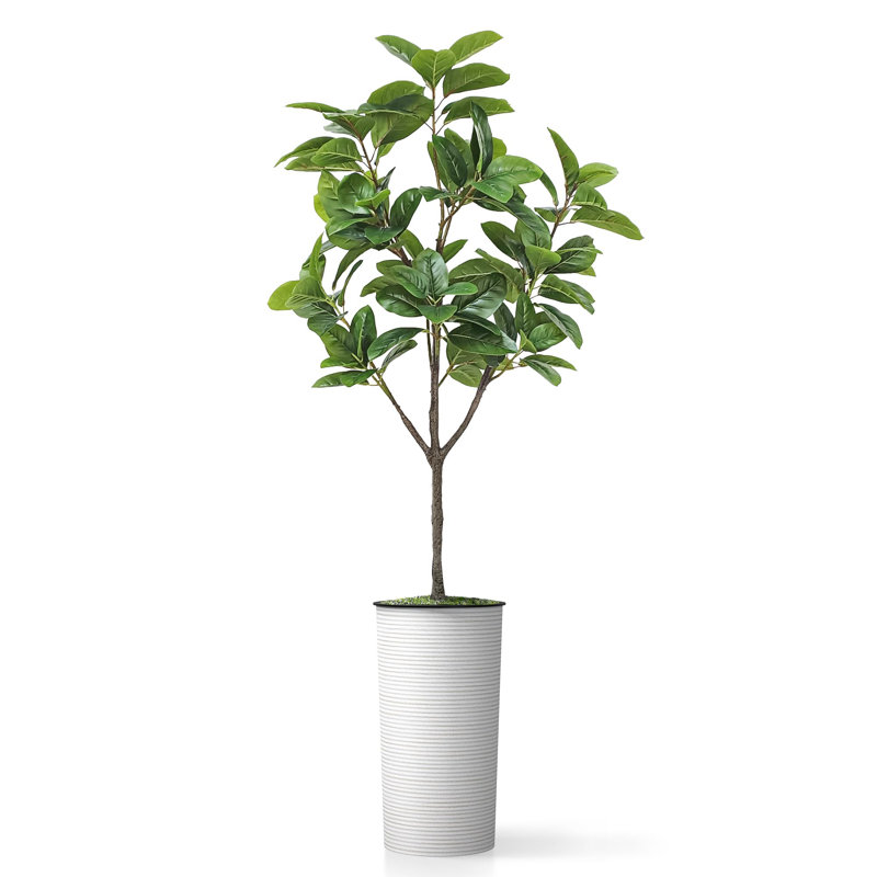 Artificial Tree in Modern Minimalist White Textured Planter Fake Magnolia Tree, Line Off White