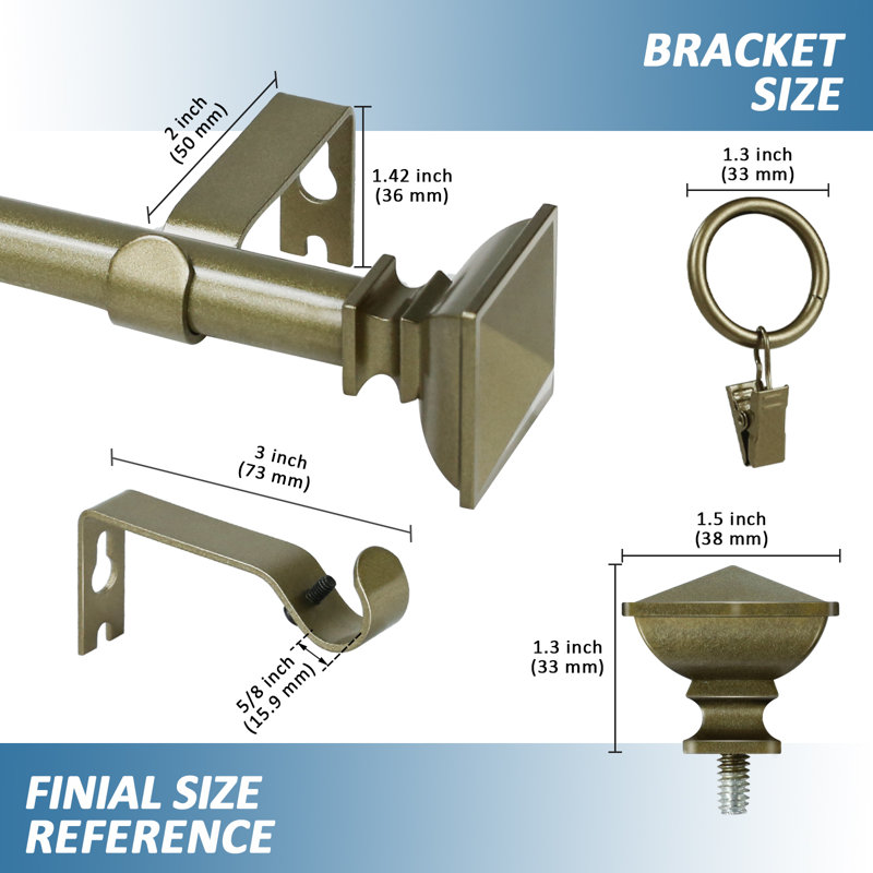 Tringle à rideaux simple ajustable Plemmons, H 0,625 po x l 48 po x P 0,625 po, Or antique