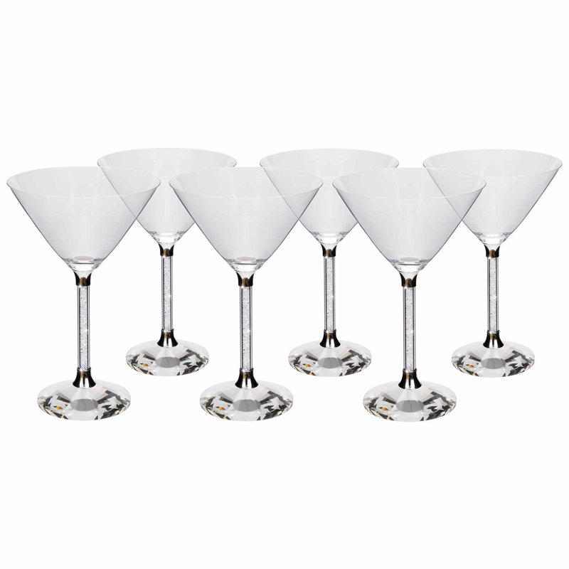 Sparkles Home Vetrina Stem Martini Glass Set | Lead Free Crystal | Rhinestone Filled Stems Cocktail, 6, Silver