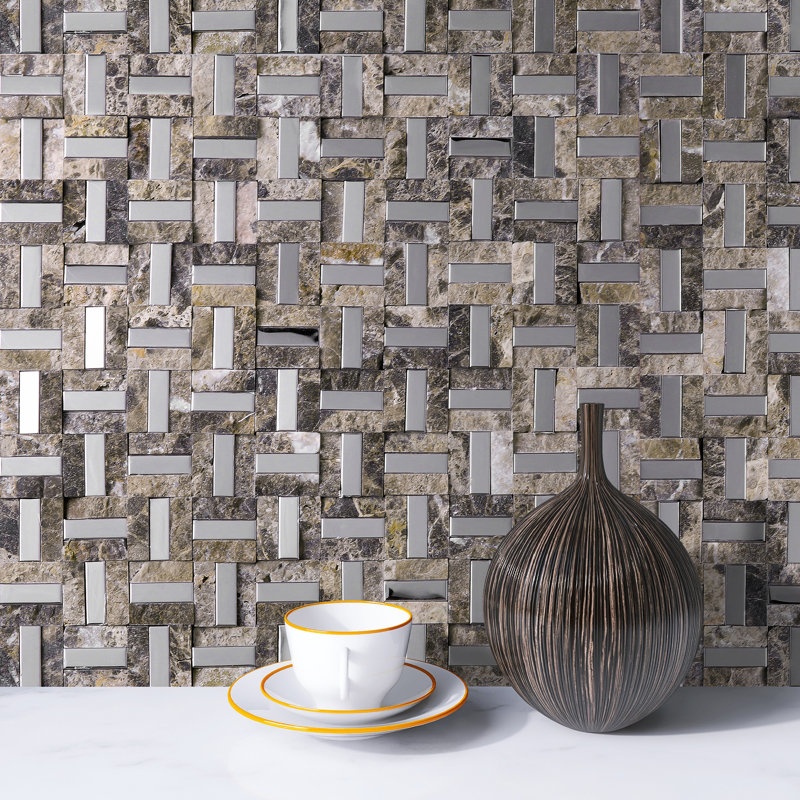 Silver Brick 12.01 in. x 12.01 in. Brick Joint Polished Marble Mosaic Tile, Brown/Silver