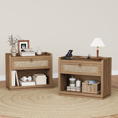 Table de chevet moderne en rotin de 79 cm avec tiroir de rangement (lot de 2), style champêtre, pour salon ou chambre, chêne chaleureux