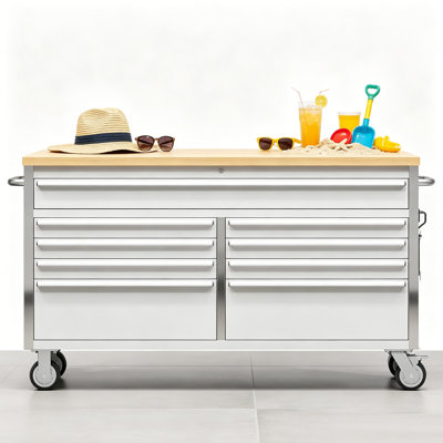 61 Inch Rolling Tool Chest Workbench with Solid Wood Top, 9 Drawer Lockable Tool Storage Cabinet on Wheels, Heavy Duty Mobile Tool Box Cart for Garage, Workshop and Repair Shop.