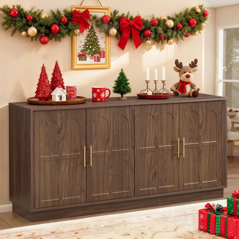 Buffet moderne Archway de 66,5 po en bois avec portes cintrées, idéal pour la salle à manger et le salon, couleur noyer.