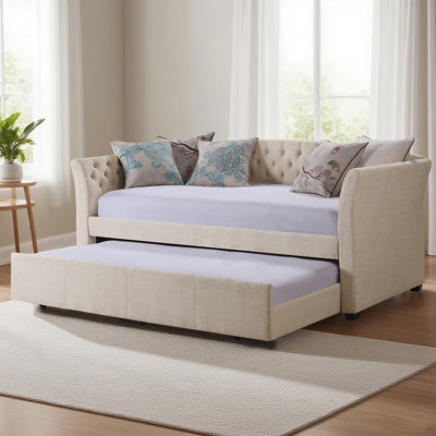 Upholstered Twin Daybed with Trundle and Tufted Button Daybed Frame, for Living Room, Bedroom, Guest Room by Lark Manor
