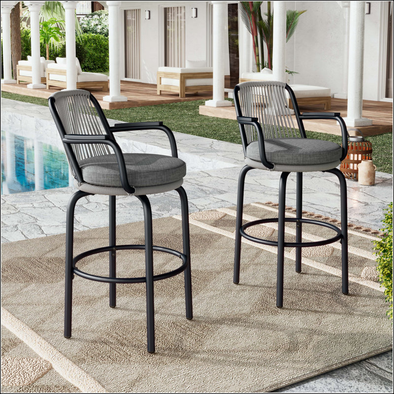 Ensemble de 2 tabourets de bar modernes en corde de rotin tissé avec structure et coussins en métal noir - noir / gris