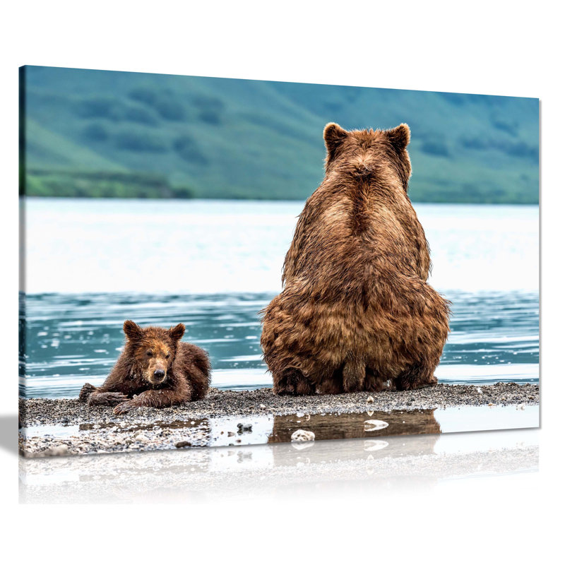 Mother And Baby Bear By The Lake - Wrapped Canvas Print, 51cm H x 76cm W