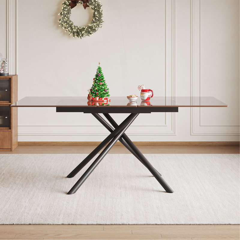59-Inch Modern Rectangle Expandable Dining Table With Retractable Leaf, Black Sandblasted Glass Top & Carbon Steel X-Base, Sturdy 4-6 Person Table For Small Spaces