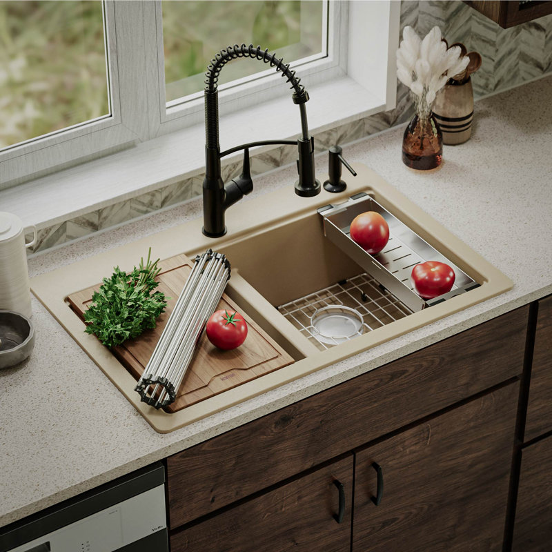 Quartz Top Mount Sinks 33'' L Drop-In Double Bowl Kitchen Sink, Bisque