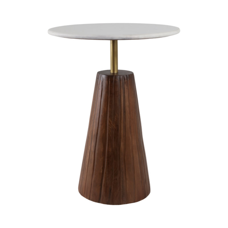 Modern Wood and Metal Accent Table with Round Stone Top, Contemporary Decorative Side Table., Brown