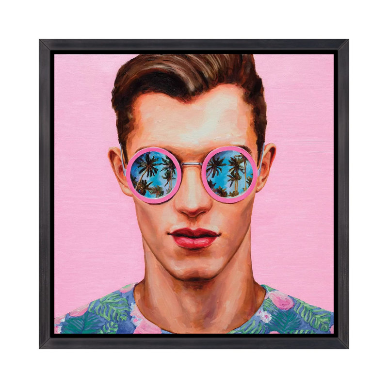 «Rose lunettes de soleil» - imprimé, Toile avec cadre noir patiné, H 18 po x l 18 po x 1,5 po
