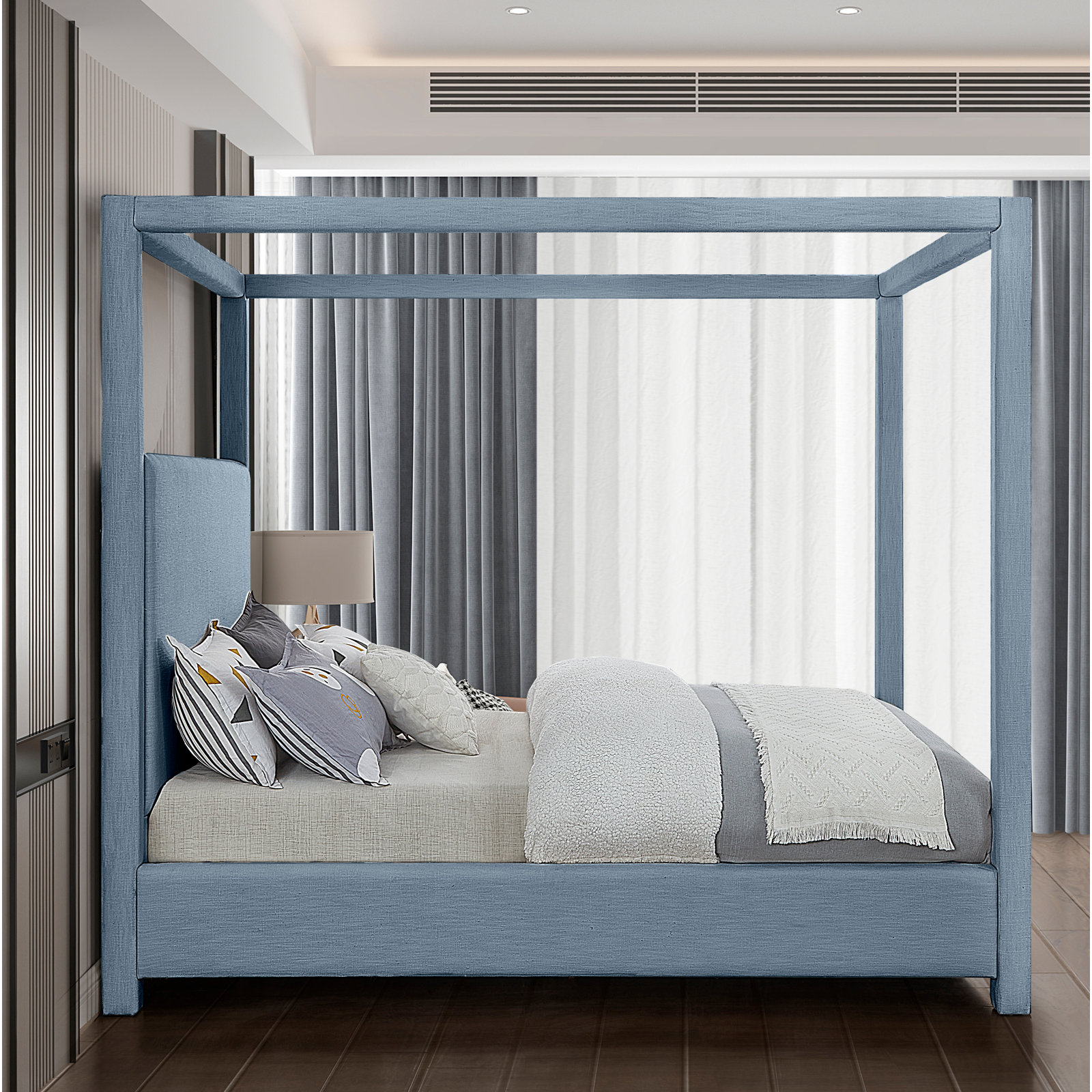 Upholstered Canopy Bed, Sky Blue Linen , Queen
