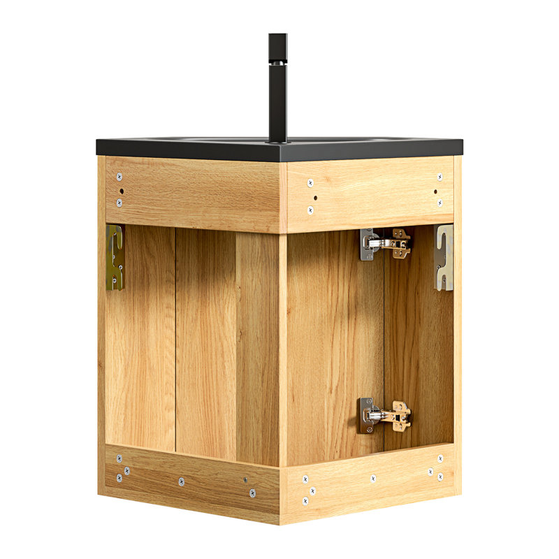 Meuble-lavabo suspendu triangulaire de 76 cm (30 po) avec lavabo intégré en résine noire, rangement en contreplaqué naturel pour petits coins, meuble assorti à la couleur de la pièce, coins préassemblés.