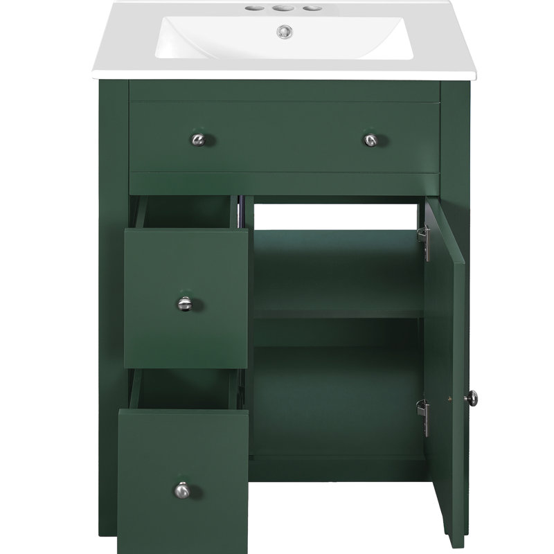 Meuble-lavabo de 24 po avec lavabo en céramique, charnières silencieuses, deux tiroirs et tablettes réglables pour le rangement en croix, poignées, salles de bain Smart Solutions