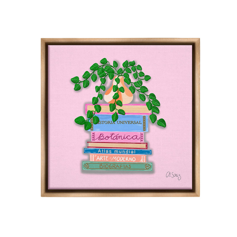 " Bookstack with Plant Vase " Print, Montalcino Elm Floater Frame, 18" H x 18" W