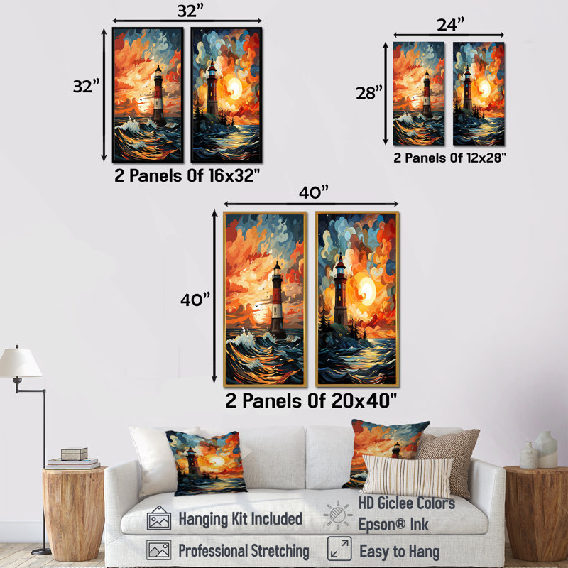 «Coastal Stormy Sunset Lighthouse Breeze I», ensemble de 2 reproductions d'art sur toile, Encadrement brun, H 28 po x l 25 po
