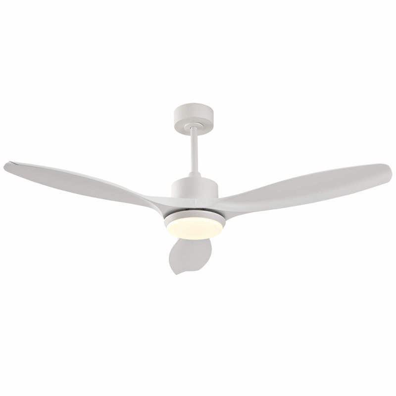 Ventilateur de plafond blanc moderne avec lumière, comprenant 3 pales en plastique ABS, une télécommande, un moteur à courant continu réversible et un éclairage à DEL à intensité variable.