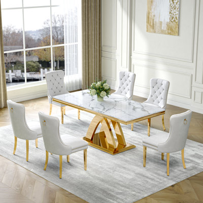 70" Rectangle Dining Set, Luxurious White Faux Marble Top, X-Shaped Stainless Steel Base, Velvet Upholstered Chairs with Tufted Nailhead Trim