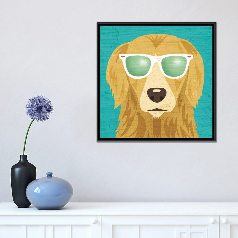Beach Bums Series: Golden Retriever I - impression sur toile tendue, H 18 po x l 18 po x P 1,5 po, Toile avec cadre noir