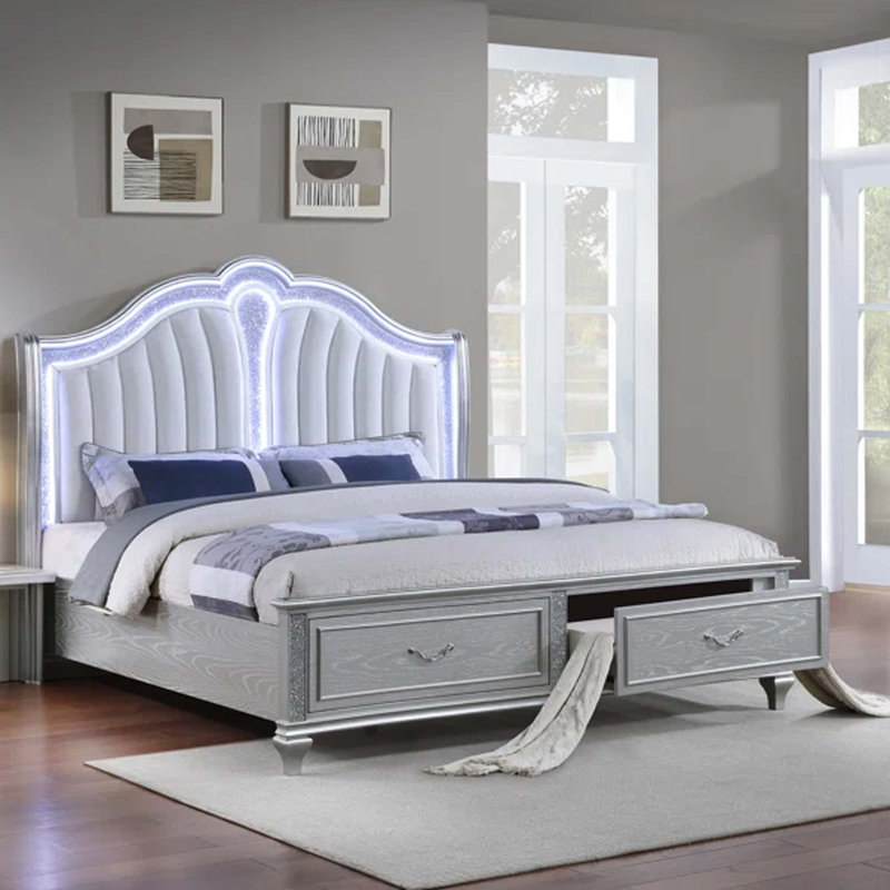Motomitsu 5PC Bedroom Set Silver, 4 Pcs: Bed, Nightstand, Dresser, Mirror, Queen