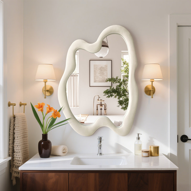 Irregular Shaped Decorative Wall Mirror with Velvet-Wrapped Frame, Beige, 28" x 20"