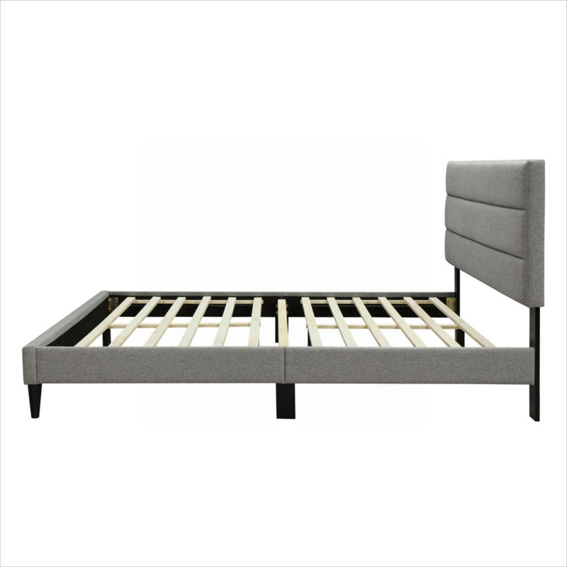 Cool Gray King Size Upholstered Platform Bed with Channel Design Headboard, USB Charging and Bed-in-a-Box Packaging