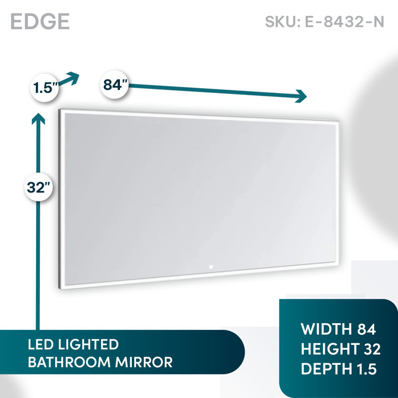 AQUADOM Edge l 84 po x H 32 po, miroir mural de salle de bain avec gradateur, désembueur, commande tactile, rétroéclairé et installation frontale, verticale ou horizontale.