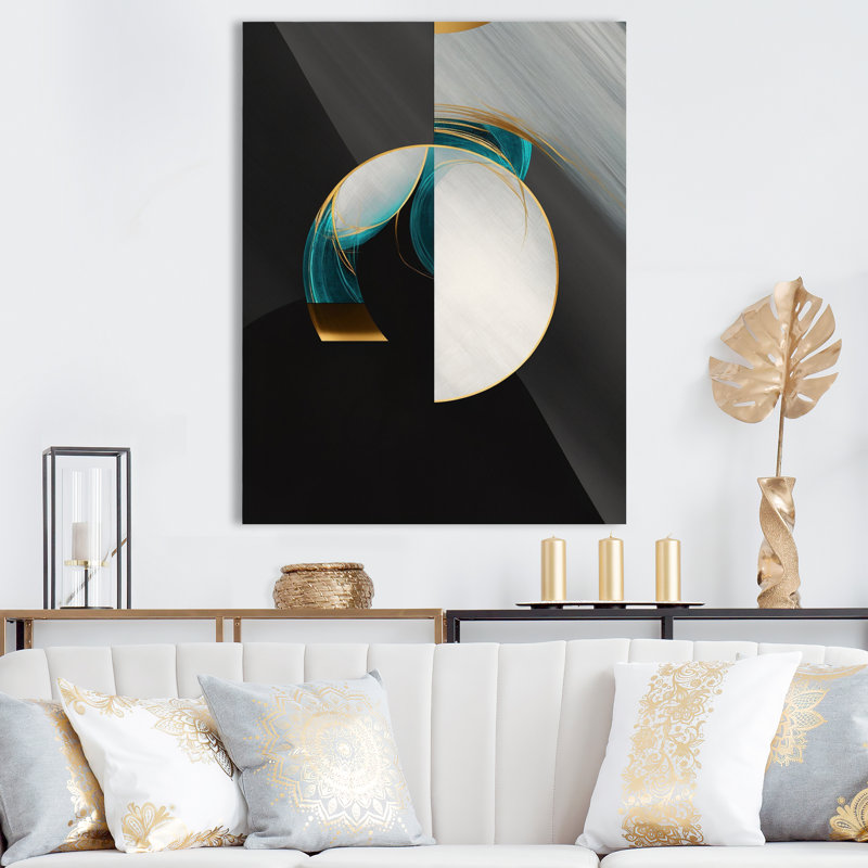GOLD TEAL - Élégance géométrique dévoilée - salon d'art mural géométrique moderne, 32" H x 24" W, Toile tendue