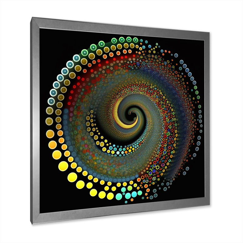 Iridiscdent pointillism spiral sur toile, H 16 po x l 16 po x P 1 po, Cadre simple argenté