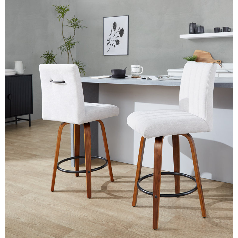 Hank 26" Fixed-Height Counter Stool With Bent Wood Legs - Set Of 2, Light Gray Seat/Walnut Frame