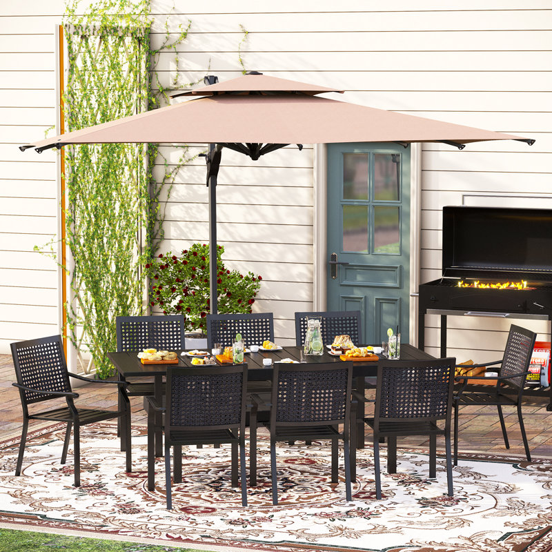 Ikeda 8 - Person Stainless Steel Patio Dining Set Umbrella Hole Included Rectangular Table
