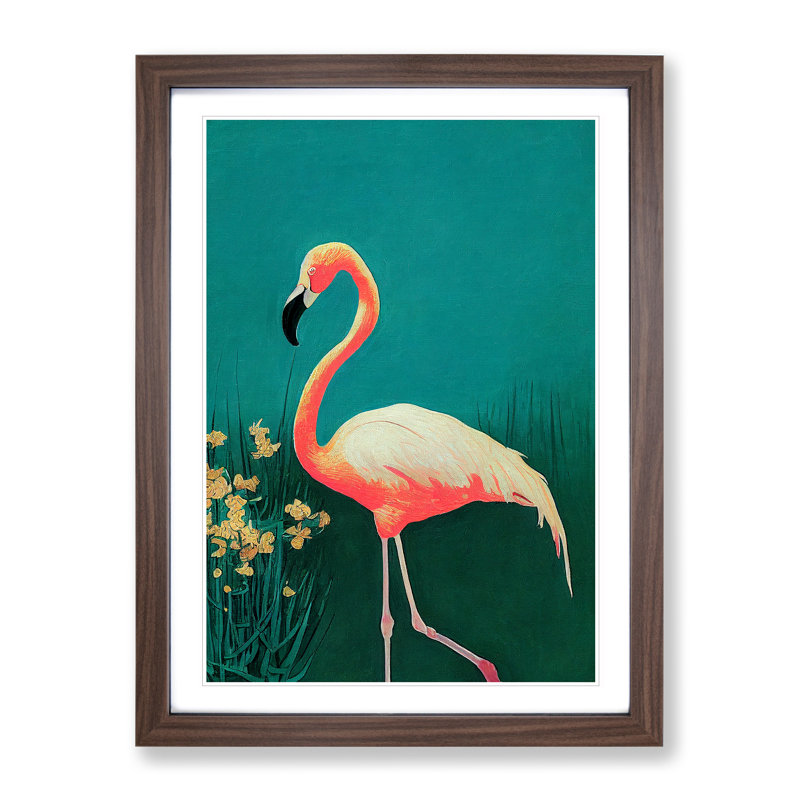 Walking Flamingo - Wall Art, 66cm H x 48cm W, Walnut Framed, White