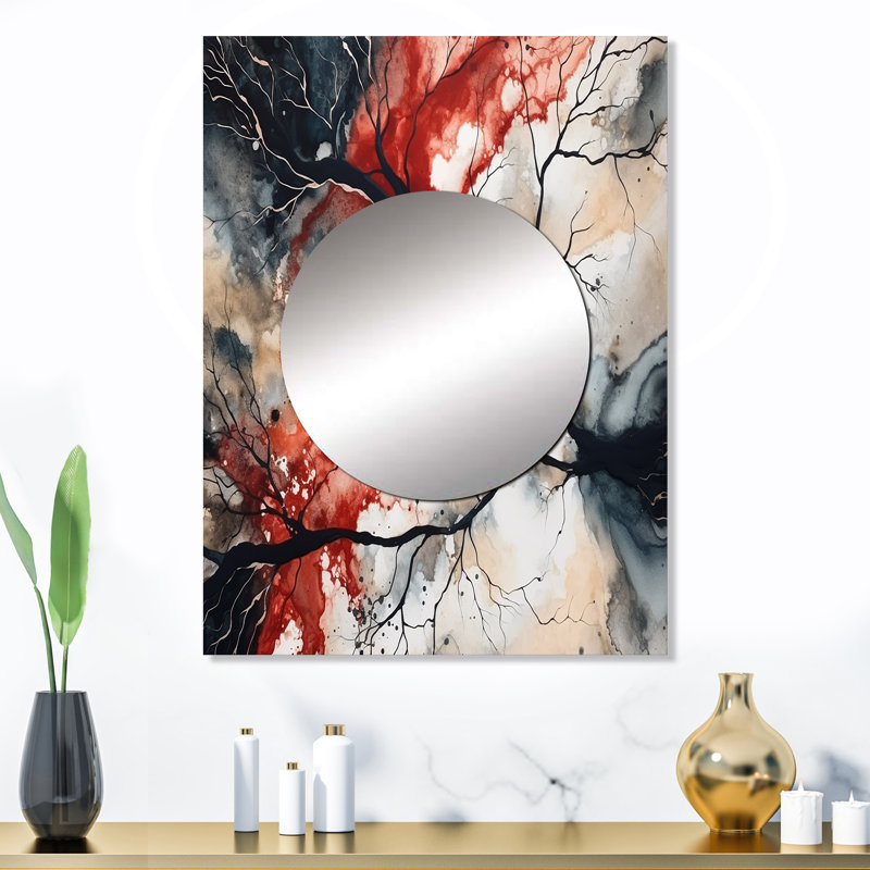 Giora Red Black Captivating Liquid Ink - Geometric Large Wall Mirror, Red Unique Mirror, Printed Metal Art, 32" x 24"