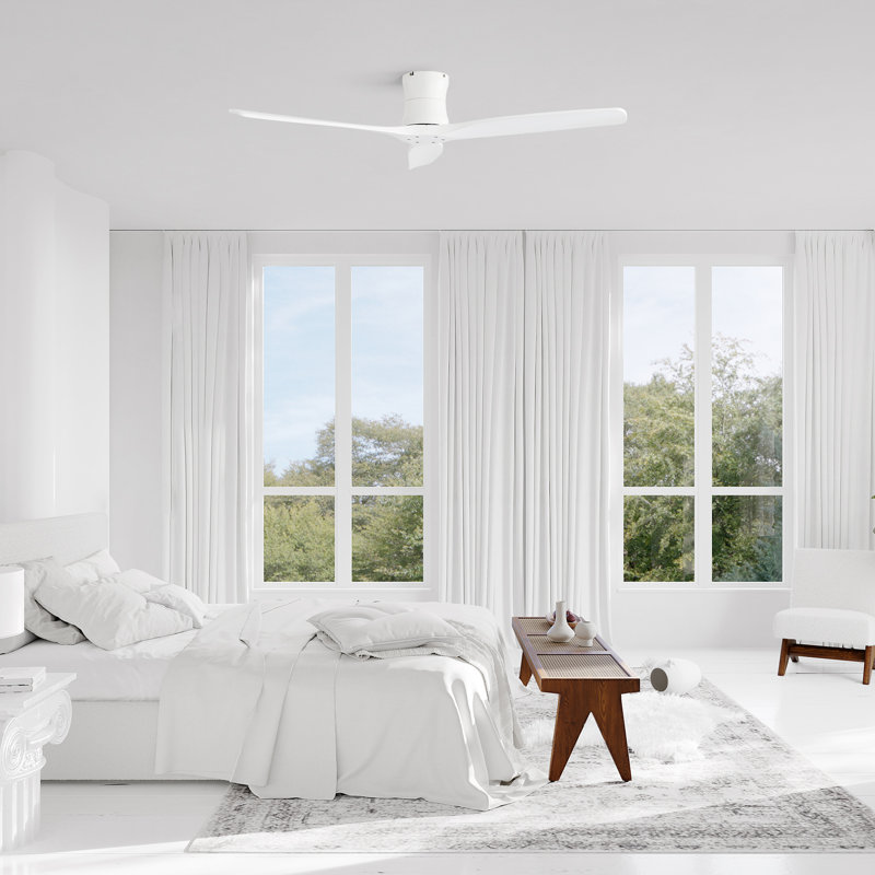 52" White Indoor 3 Solid Wood Blade DC Motor Low Profile Ceiling Fan No Light, Remote Control, White Body with White Blade