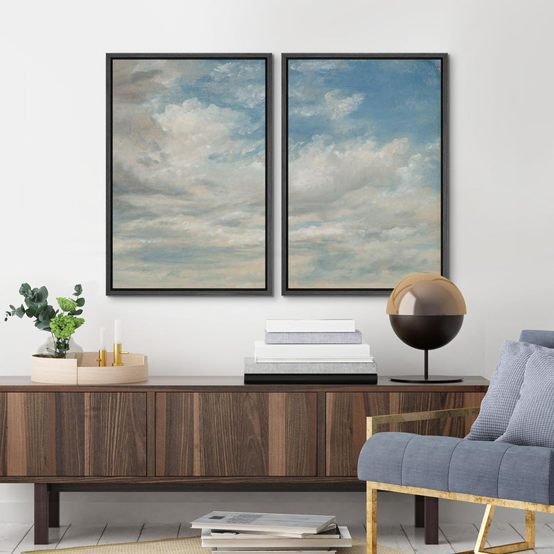 "Clouds In Blue Sky Rustic Nature" French Country, reproduction d'art sur toile encadrée 2 pièces, Noir