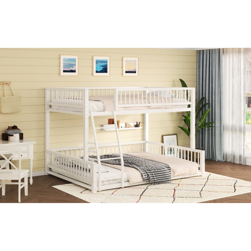 Full Xl Over Queen Metal Bunk Bed With And Guardrails, , No Box Spring Needed White Bed, Detachable Into Platform Beds, Space - Saving Safe