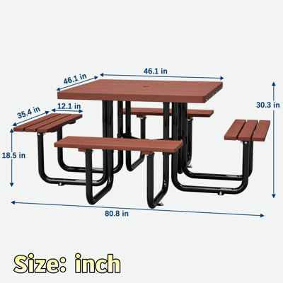 Ensemble de table de patio extérieur avec bancs intégrés et trou pour parasol