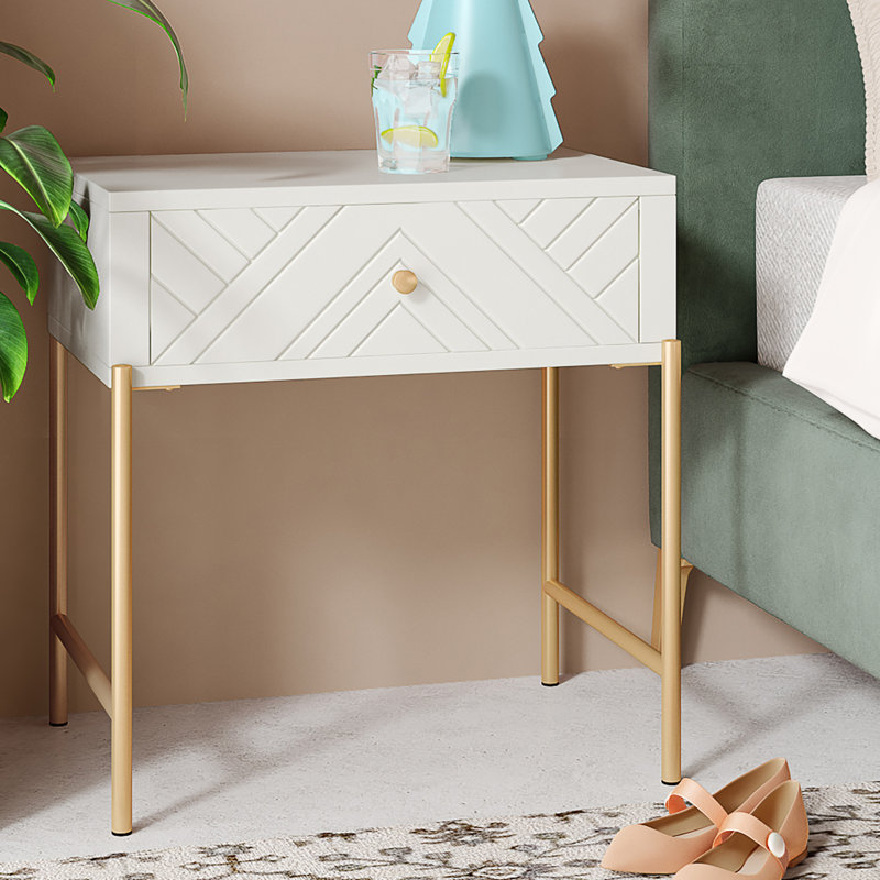 White and Gold Rectangular Wood and Metal Side Table with Drawer