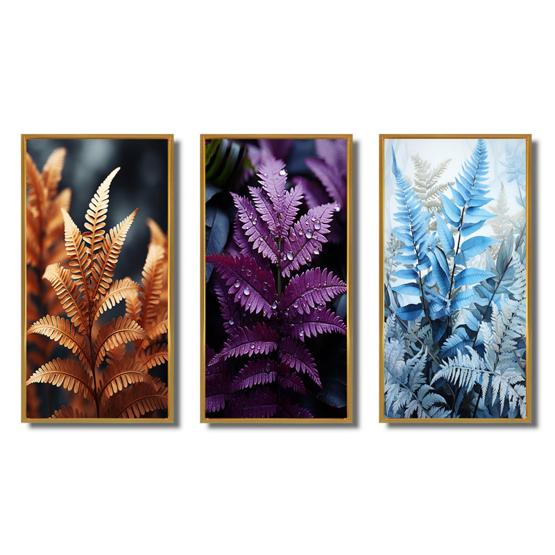 «Ferns Copper Glow», 3 pièces sur toile, Encadrement doré, H 32 po x l 48 po