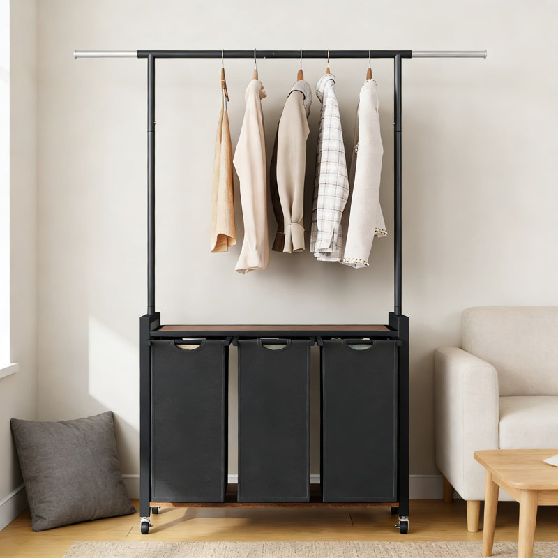 Rolling Laundry Cart With Hanging Rack And Utility Shelf | Multi-Section Laundry Sorter Hamper With Lockable Wheels | Mobile Laundry Basket Organizer For Bedroom, Bathroom, And Laundry Room