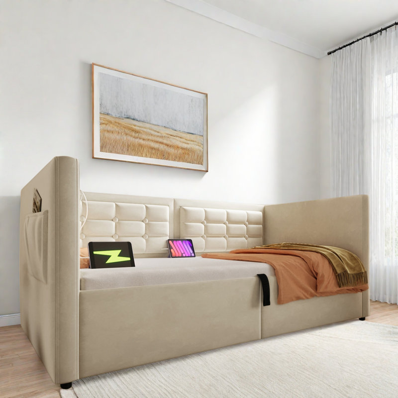 Upholstered Daybed With Hydraulic Storage And Usb & Type-c Charging, Beige