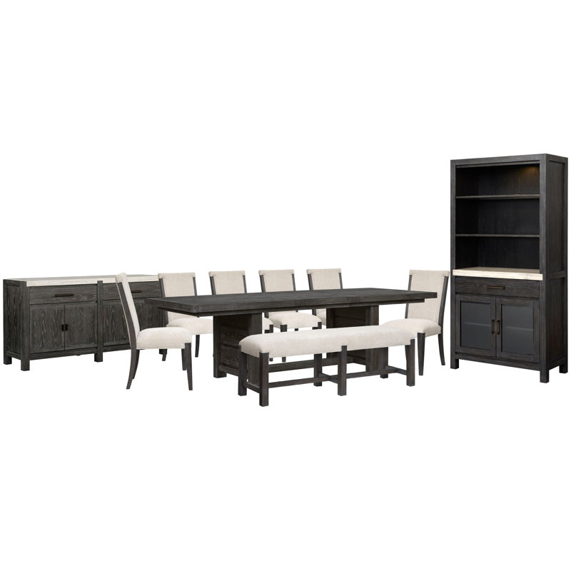 Extendable Trestle Dining Table With 6 Upholstered Side Chairs Bench Sideboard And Display Cabinet